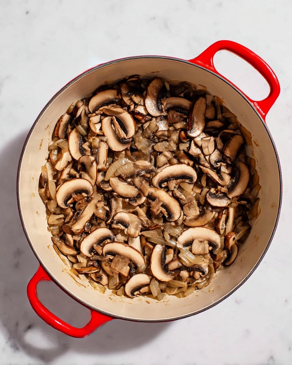 A white pot with two bright red handles holds a mixture of cooked mushrooms and onions. The mushrooms are sliced thin and cooked to a soft texture, showing a range of brown tones from light tan to dark. The onions are translucent, mixed evenly among the mushrooms, and the whole mixture fills the bottom of the pot, spreading out flat. The pot rests on a white marbled surface. photo taken with an iphone --ar 4:5 --v 7