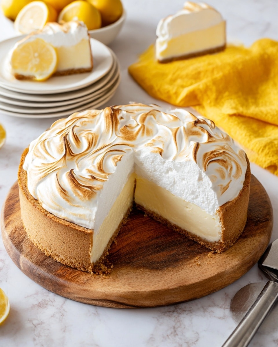 The image shows a round pie with three visible layers on a wooden board. The bottom layer is a crumbly light brown crust. The middle layer is thick and creamy pale yellow filling. The top layer is a fluffy, white meringue with toasted golden brown swirls and peaks. A slice is removed, showing the clear layers inside. In the background, there is a stack of four white plates with a slice of pie on top, a bowl of whole and halved yellow lemons, a bright yellow cloth, and a metal pie server. The whole setting is on a white marbled surface. Photo taken with an iphone --ar 4:5 --v 7