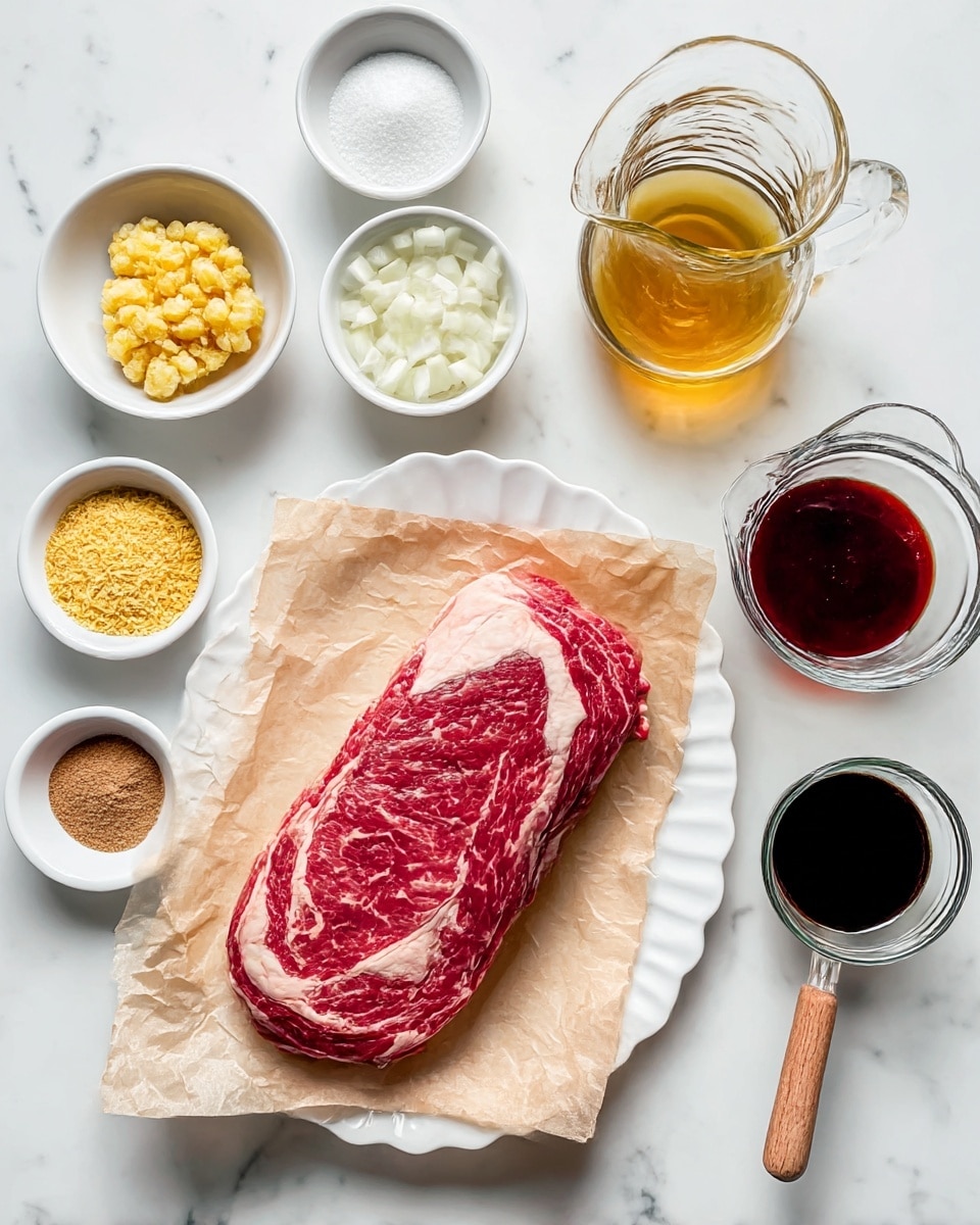 A raw piece of marbled red meat with white fat lies on a crumpled light brown paper on a white scalloped-edged plate placed on a white marbled surface. Surrounding the plate are small white bowls and clear glass cups filled with different ingredients: chopped yellow ginger, light golden syrup, brown sugar, sliced white onions, red sauce, white powder, dark thick sauce in a glass cup with a wooden handle, and finely grated yellow ginger. The items are arranged neatly in a grid-like pattern. Photo taken with an iphone --ar 4:5 --v 7