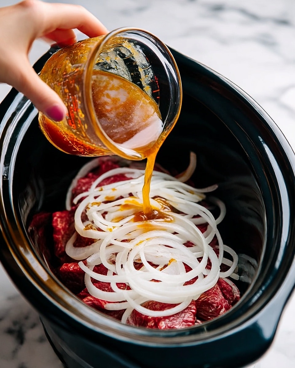 The image shows a black slow cooker bowl with a layer of raw red meat at the bottom, topped with a thick layer of sliced white onions arranged evenly over the meat. A woman's hand is pouring a golden brown sauce from a small glass measuring cup onto the onions, creating a glossy texture on top. The black bowl contrasts the colors of the meat, onions, and sauce. The background is a white marbled texture photo taken with an iphone --ar 4:5 --v 7