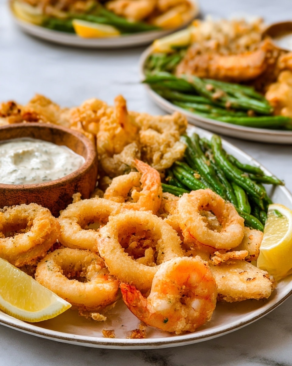 The image shows a white plate filled with fried seafood and sides arranged in layers. On the front layer, there are golden brown fried calamari rings, crispy fried shrimp with orange and white tones, and golden fried fish pieces with a rough texture. Behind them, there are bright green fried green beans with crumbs on them. Lemon wedges with bright yellow skin are placed near the fried seafood. On the left side of the plate is a small wooden bowl filled with white creamy sauce, likely tartar sauce. The plate is placed on a white marbled surface and the focus is on the front plate with two other similar plates blurred in the background. Photo taken with an iphone --ar 4:5 --v 7