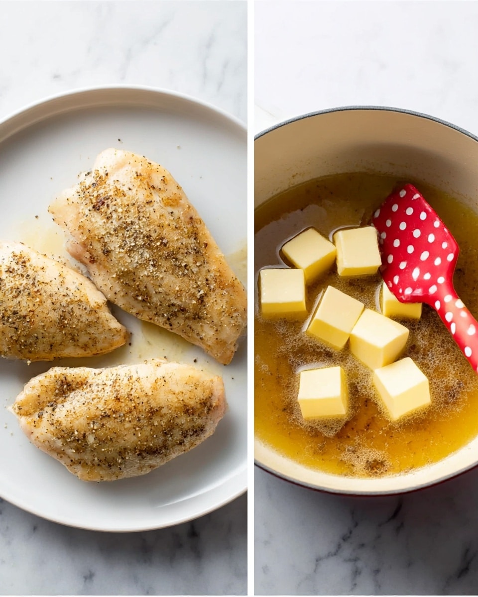 The image is split into two parts. On the left side, there are three cooked pieces of seasoned chicken with a light golden brown color, placed on a white round plate. The chicken pieces have some black pepper sprinkled on top and a slightly crispy texture on the edges. On the right side, there is a white cooking pot sitting on a white marbled surface. Inside the pot, six small yellow butter cubes are melting in a golden brown liquid with some dark brown bits from cooking. A red spatula with white polka dots is resting inside the pot, partially submerged in the butter. photo taken with an iphone --ar 4:5 --v 7