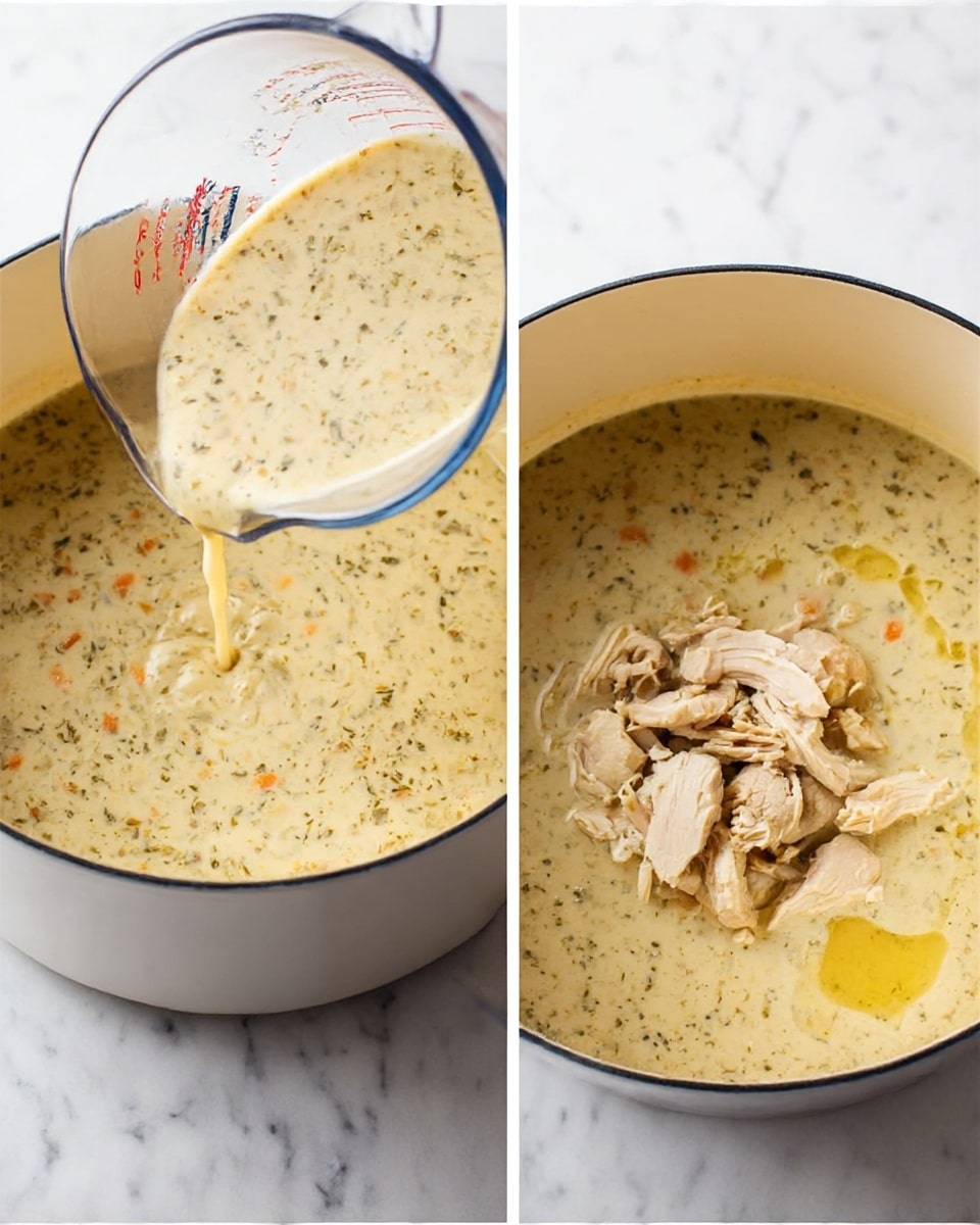 The image shows two photos side by side of a white pot on a white marbled surface. In the left photo, a creamy soup with herbs and small vegetable pieces fills the pot, and a liquid is being poured into it from a clear measuring cup, creating a swirled texture on top. The soup is thick and light yellow with green and orange specks. In the right photo, the same pot contains the creamy soup, but now with chunks of cooked chicken placed in the center on top of the soup, with some oil or melted butter visible around the edges. The chicken pieces are light brown and white, contrasting with the smooth soup base. Photo taken with an iphone --ar 4:5 --v 7