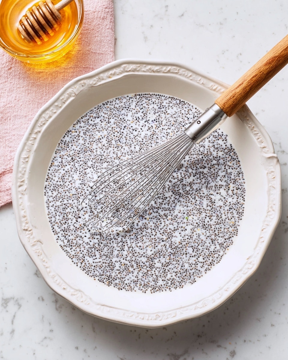A white bowl with a decorative edge filled with a mixture of white liquid and small black chia seeds evenly spread through the liquid, creating a dotted, speckled texture across the surface. A whisk with a wooden handle and silver wires rests inside the bowl, partially submerged in the mixture. To the upper left, there is a small glass container with golden honey and a honey dipper in it. The background is a white marbled surface, giving a clean and bright setting. Photo taken with an iphone --ar 4:5 --v 7