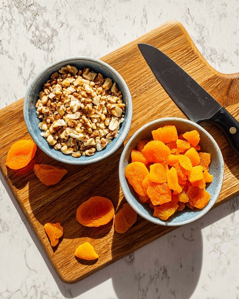 Two small blue bowls sit on a wooden cutting board over a white marbled surface. The left bowl is filled with chopped nuts that are light brown and slightly rough in texture. The right bowl holds bright orange diced dried apricots with a soft, slightly shiny surface. Around the bowls on the cutting board are a few whole dried apricot pieces. A large kitchen knife with a black handle rests on the right side of the board. The image is clear and bright, showing shadows cast by the items. photo taken with an iphone --ar 4:5 --v 7