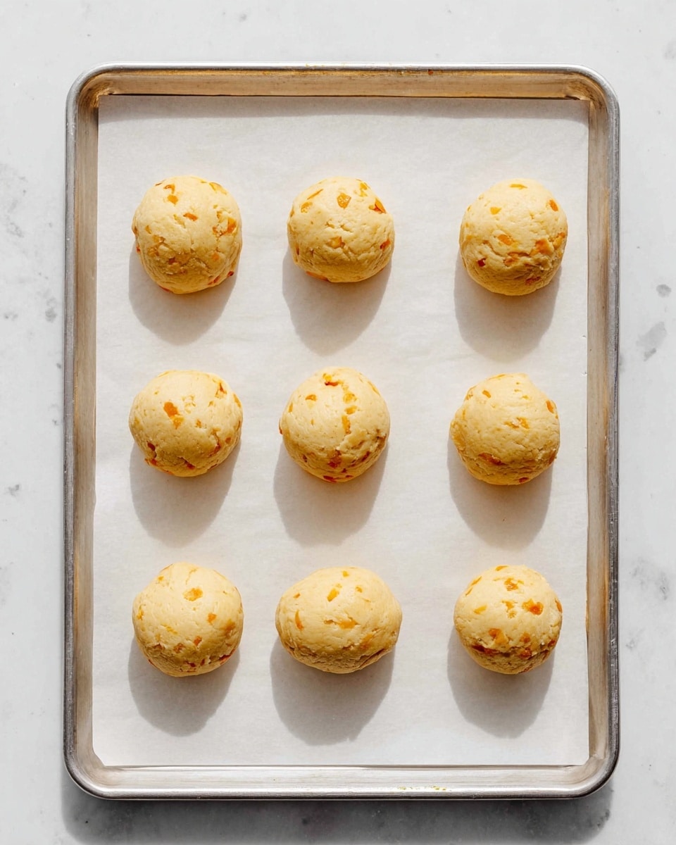 Eight round dough balls are placed evenly on a white parchment paper-lined metal baking tray. Each ball is pale yellow with small orange and brown bits scattered inside, showing a slightly rough texture. The tray sits on a white marbled surface, with clear soft shadows under each dough ball, suggesting bright natural light from above. The arrangement is neat, with four balls in each row and two rows in total. photo taken with an iphone --ar 4:5 --v 7