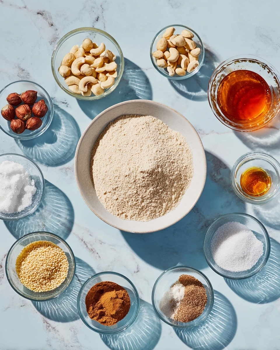 The image shows a flat layout of various ingredients placed on a light blue surface, each in small white bowls or glass containers. In the center is a large white bowl filled with fine, light beige powder. Around it are smaller bowls containing different items such as pale yellow almonds, light brown hazelnuts, white powdery sugar, coarse white salt, light beige sesame seeds, bright amber honey in a glass, and small piles of ground spices in different shades of brown. The bowls are arranged neatly in a circular pattern around the central bowl, with clear shadows cast due to strong natural light. The background is a white marbled texture. Photo taken with an iphone --ar 4:5 --v 7