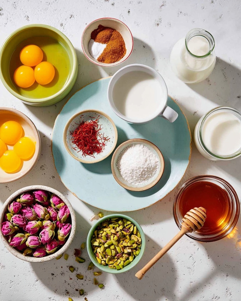 The image shows an arrangement of various ingredients for a recipe, placed on a white marbled surface. There is a white cup with a handle filled with a fine white powder, sitting on a pale blue round plate that also holds three small bowls with red saffron strands, a brownish powder, and white salt. Nearby, a white bowl holds bright yellow egg yolks, while another white bowl contains dried pink rosebuds with green stems. A green bowl is filled with crushed green pistachios, and another small bowl with a wooden honey dipper is filled with golden honey. Two glass containers of white milk sit to the right, along with a small white bowl containing a dark amber liquid, likely vanilla or syrup. The setup is neat and brightly lit, with shadows suggesting natural light. photo taken with an iphone --ar 4:5 --v 7