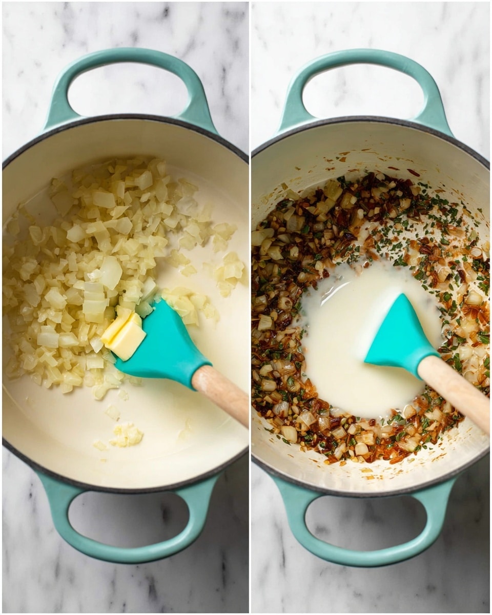 The left image shows a white pot with chopped onions and a piece of melting yellow butter, stirred by a turquoise spatula, all set on a white marbled surface. The right image shows the same pot with cooked brown onions and herbs at the bottom, a creamy white liquid being poured in, and the turquoise spatula resting inside. photo taken with an iphone --ar 4:5 --v 7