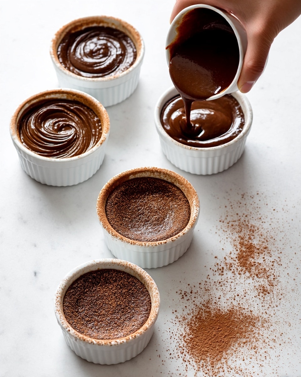 The image shows four white ramekins lined up on a white marbled surface, each with a light brown dusting of cocoa powder inside and around the rims. A woman's hand is pouring thick dark chocolate batter into one ramekin, while the others already have swirled chocolate batter. The final ramekins display the baked chocolate cakes with slightly cracked tops and rich brown color. Cocoa powder is scattered lightly on the surface near the ramekins, adding texture and depth to the scene. photo taken with an iphone --ar 4:5 --v 7