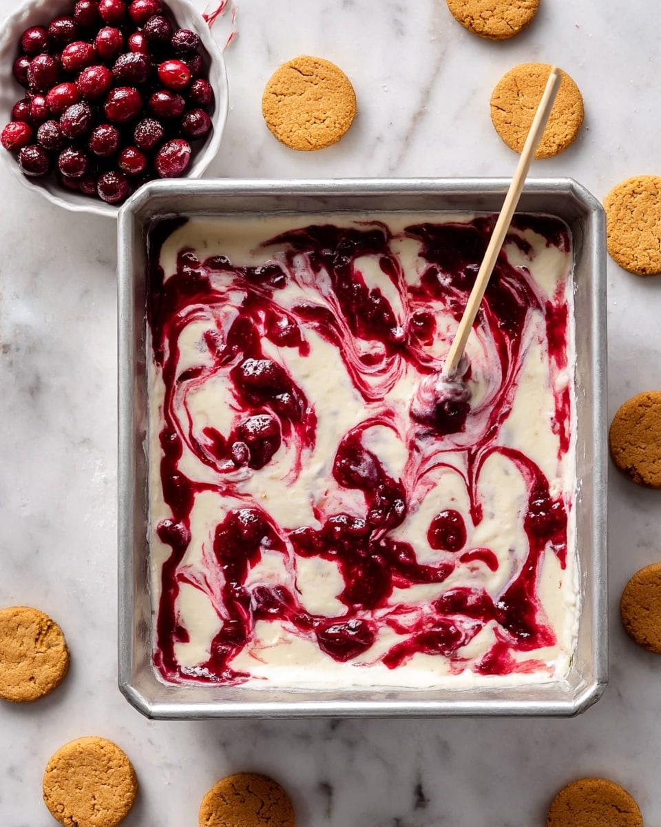 A square metal pan holds a creamy white dessert batter spread evenly, with vibrant, deep red swirls of berry sauce mixed on top, creating a marbled effect. A thin wooden skewer is placed on the upper right edge of the pan, showing that the sauce is being gently mixed into the batter. Around the pan on a white marbled surface, there are round, golden-brown cookies scattered mostly on the right and bottom edges. A white bowl filled with dark red, shiny cranberries sits at the top left corner. Photo taken with an iphone --ar 4:5 --v 7