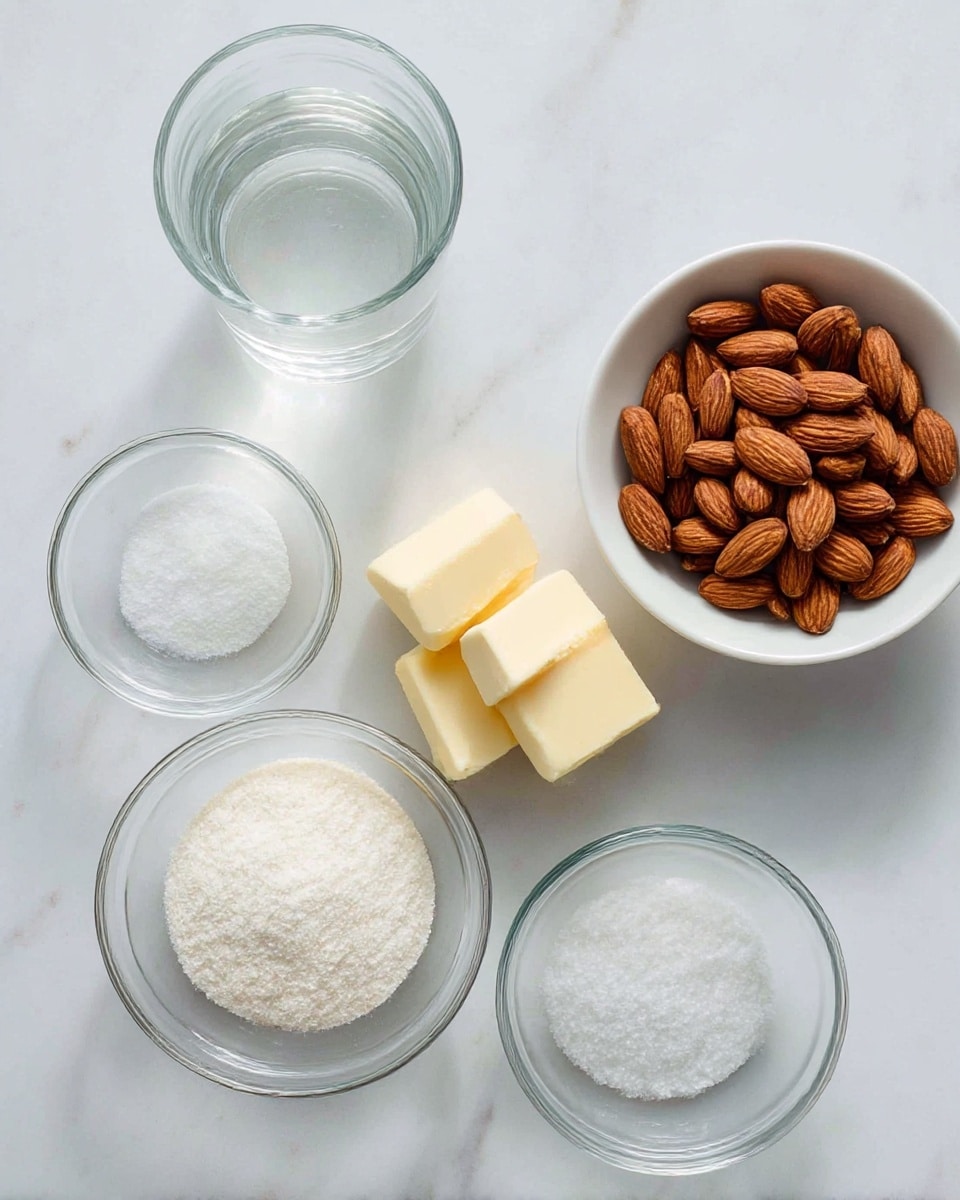Five small white bowls and clear glass bowls are arranged on a white marbled surface. One glass bowl is filled with whole almonds, rich brown and textured, placed near the top right. Below it, a white bowl holds four slices of pale yellow butter. Centered at the bottom, a larger clear glass bowl is filled with fine white sugar. To the left, a clear glass cup holds water. Above the sugar, a small glass bowl contains white salt, and below the water, a small glass bowl holds baking soda, both white and powdery. The overall setup is clean and bright with natural lighting, showing each ingredient clearly. Photo taken with an iphone --ar 4:5 --v 7