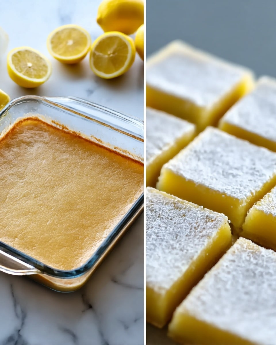 The image shows a two-part view of lemon bars. On the left, there is a square glass baking dish with one golden brown layer of baked crust. Around the dish, there are wedges of bright yellow lemons on a white marbled surface. On the right, there is a close-up of lemon bars cut into neat squares with a thick light yellow layer on the bottom and a smooth white powdered sugar layer on top. The texture of the bars looks soft and dense. Photo taken with an iphone --ar 4:5 --v 7
