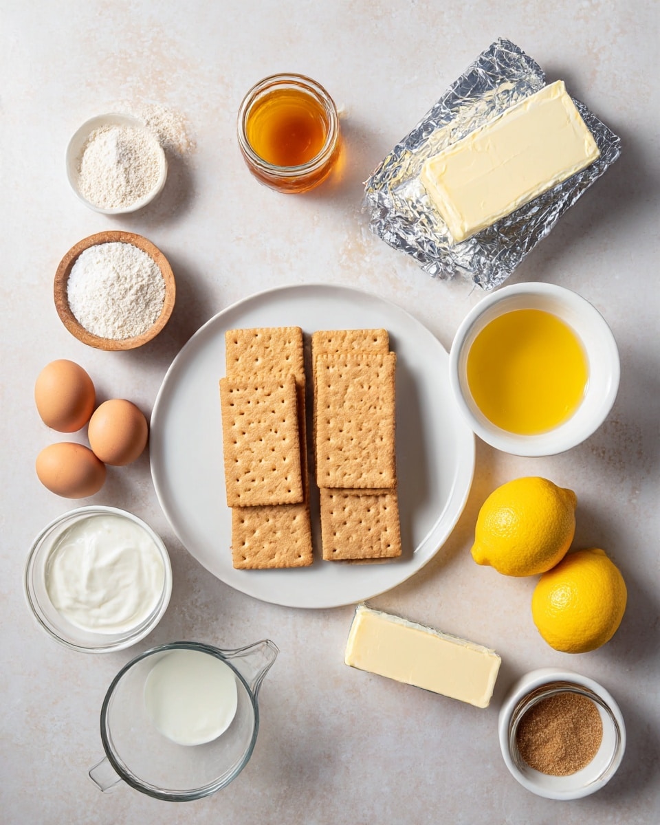 A flat white marbled surface holds various ingredients arranged in an organized manner. In the center, a white plate has four rectangular, light brown graham crackers laid side by side, showing a dotted pattern. Above the plate, two silver foil-wrapped blocks of cream cheese sit stacked. To the right of the cream cheese, a small white bowl contains a glossy yellow liquid, likely melted butter. Below this, two bright yellow lemons rest on the surface. Near the bottom right, a stick of butter in its wrapper lies horizontally. To its left, three brown eggs are grouped together. Above the eggs, a small white bowl is filled with a pale white powder, likely flour. Below the eggs, a white bowl holds creamy white yogurt. To the left of the yogurt, a tiny wooden bowl contains a white powder, probably baking powder or soda. Further left, a small round jar of transparent orange-colored jam sits with a metal lid. Above the jam, a clear glass measuring cup holds a clear liquid like water. At the bottom right, a small white bowl with light brown sugar is placed next to a similar-sized white bowl containing a translucent liquid, likely lemon juice. The whole scene is well-lit with soft, natural light. photo taken with an iphone --ar 4:5 --v 7