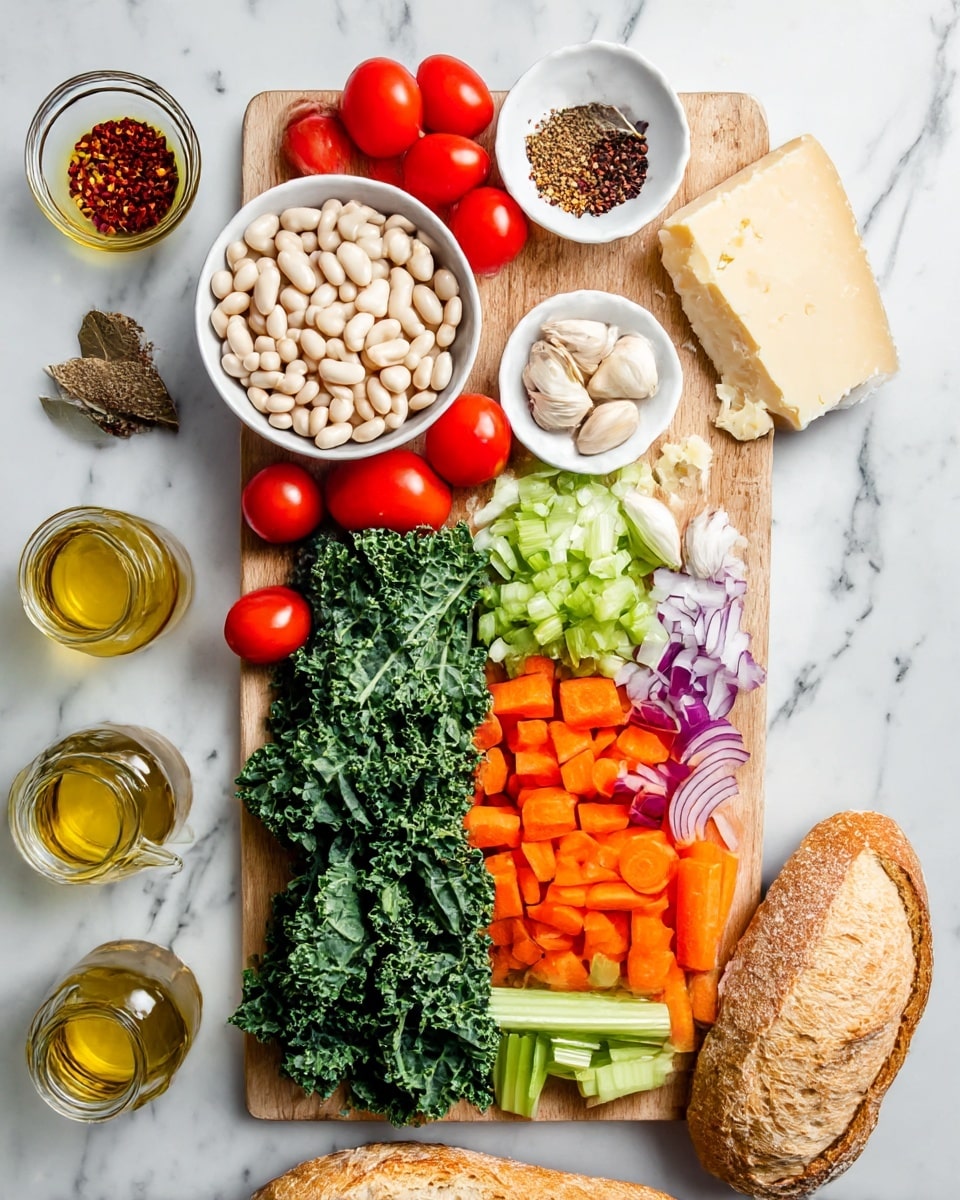 The image shows a wooden cutting board placed on a white marbled surface with various fresh ingredients neatly arranged on it. On the top left side of the board, there is a small white bowl filled with white beans. Below the beans, a cluster of bright red tomatoes still on the vine rests partly on the cutting board and the marble surface. To the right of the tomatoes, on the board, are chopped layers of pale green celery, orange carrots, and purple onions arranged from top to bottom. Fresh green kale leaves are placed on the left center of the board. A small white dish with several garlic cloves sits in the middle near the kale. At the top right corner of the board, there is a wedge of pale yellow cheese with some small broken chunks around it. Above the cutting board, a small white bowl contains various dried spices including bay leaves, red pepper flakes, and coarse salt. To the left of the board on the marbled surface, are three glass containers with liquids in shades of pale yellow and golden oil. Below all the ingredients, a loaf of crusty bread lies horizontally at the bottom of the image. The photo has a clean, bright look with a natural light effect, taken with an iphone --ar 4:5 --v 7