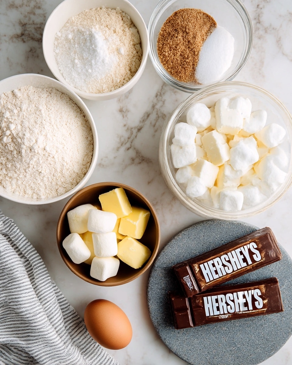 The image shows several baking ingredients arranged on a white marbled surface. There is a white bowl with three powders: white flour, light brown crumbs, and a small amount of white baking powder. Next to it, a clear glass bowl holds white granulated sugar and brown sugar. A small brown bowl at the center contains yellow butter sticks cut into thick pieces. Below, a white bowl is filled with large white marshmallows. To the right, two chocolate bars with