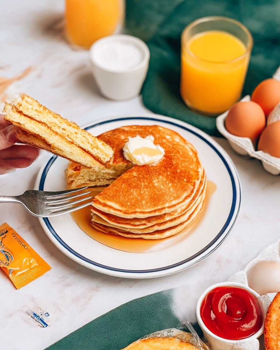 A stack of four golden brown pancakes sits centered on a white plate with a blue rim, topped with a small dollop of white butter melting slightly and drizzled with light honey. One slice of the top pancake is cut and fanned out on the left side, held by a woman's hand with a silver fork. Around the plate, there is a small opened packet of hotcake syrup, a glass of bright orange juice, a white bowl with sugar and a gold spoon, three brown eggs in a white carton, a small white cup filled with red ketchup, a piece of a golden hash brown, and part of a white wrapper visible. The whole setup rests on a white marbled surface next to a green cloth. photo taken with an iphone --ar 4:5 --v 7