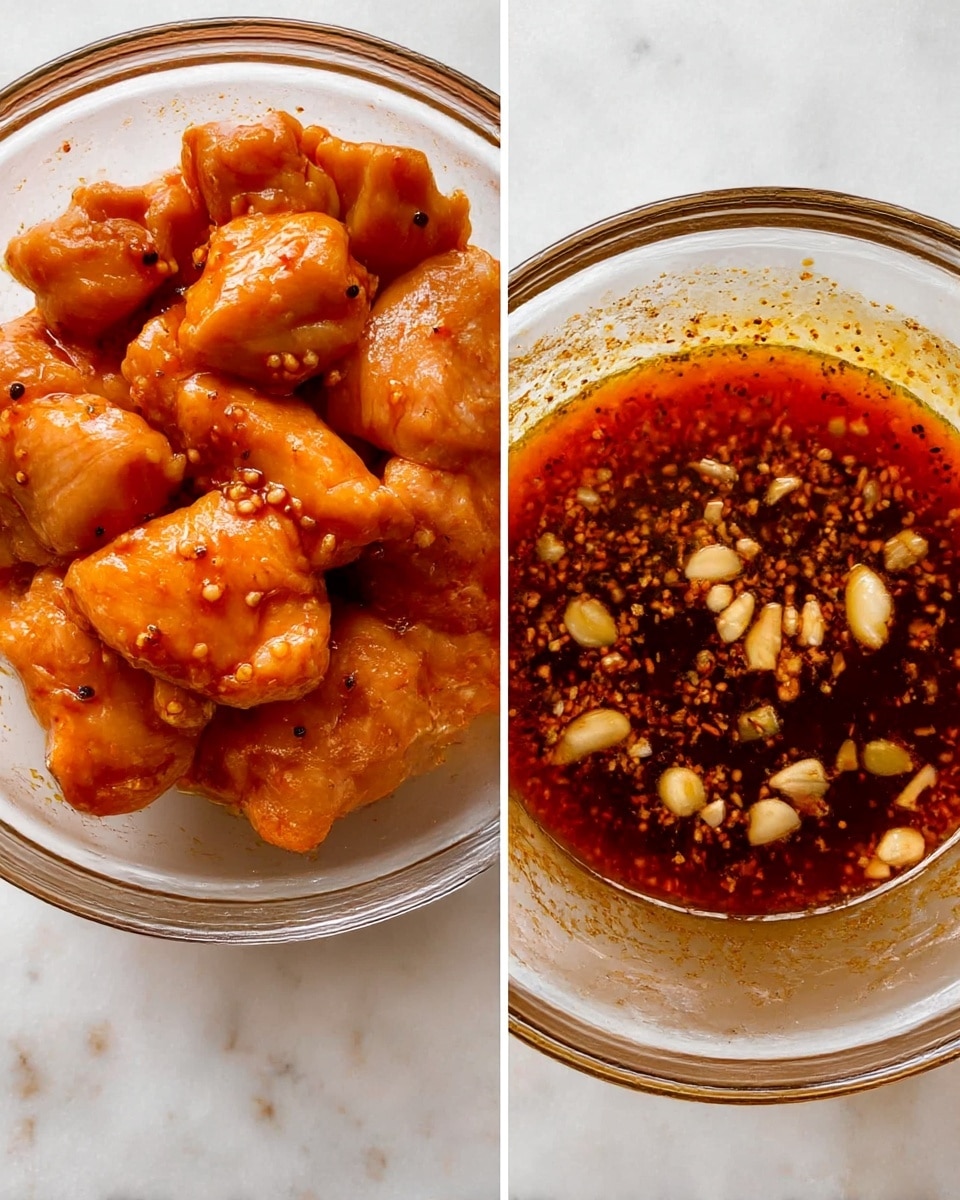 The image shows two glass bowls on a white marbled surface. The bowl on the left contains several pieces of raw chicken marinated in a shiny reddish-orange sauce with visible black pepper flakes, the texture is smooth and glossy with some juices around the chicken pieces. The bowl on the right holds a liquid sauce with a dark reddish-brown color, speckled with small chopped white garlic pieces floating on the surface; the sauce looks thin and glossy. Photo taken with an iphone --ar 4:5 --v 7