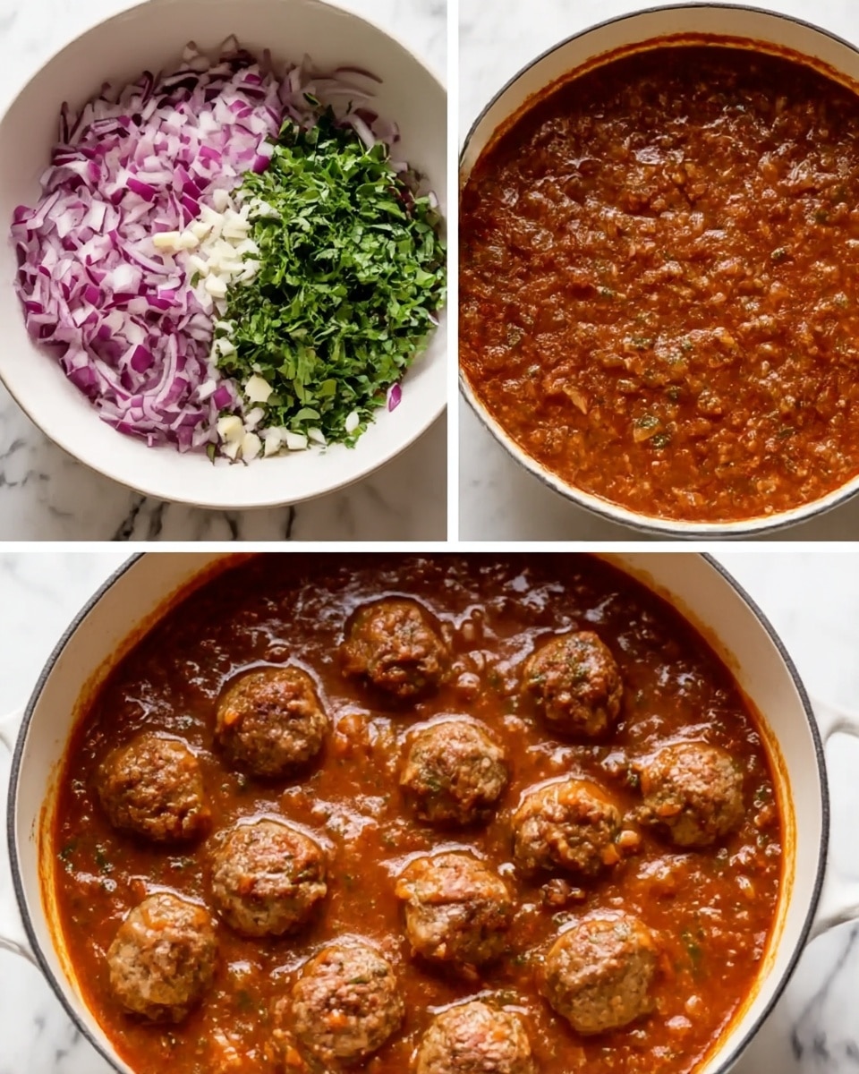 The image shows three side-by-side photos documenting stages of cooking meatballs in sauce. The first photo features a white bowl filled with chopped red onions, minced garlic, and fresh green herbs on top, all mixed together. The second photo shows a pot of thick reddish-brown sauce simmering with visible chunks of tomato and bits of herbs, creating a rich textured surface. The third photo presents round, browned meatballs arranged in a white pot with the sauce, partially submerged and coated in the reddish sauce. The background in all three photos is a white marbled surface. photo taken with an iphone --ar 4:5 --v 7