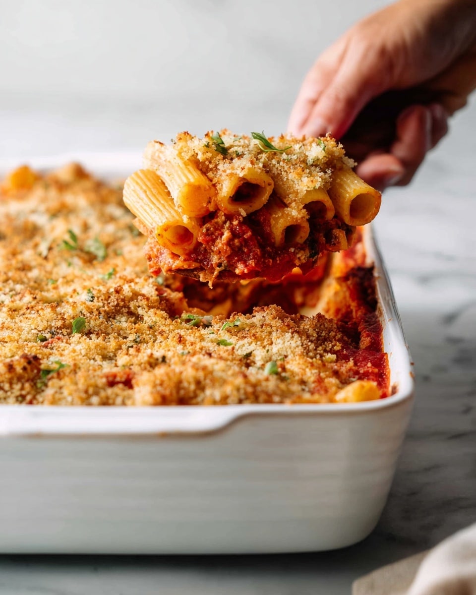 A woman’s hand is lifting a serving of baked rigatoni pasta from a white baking dish set on a white marbled surface. The dish has three visible layers: a bottom layer of tomato sauce with rich red color, a middle layer of rigatoni pasta tubes covered in sauce, and a top layer of golden-brown, crispy breadcrumb topping with small green herb bits scattered on it. The pasta looks soft and well-coated with sauce, while the crumb topping adds texture contrast. Photo taken with an iphone --ar 4:5 --v 7