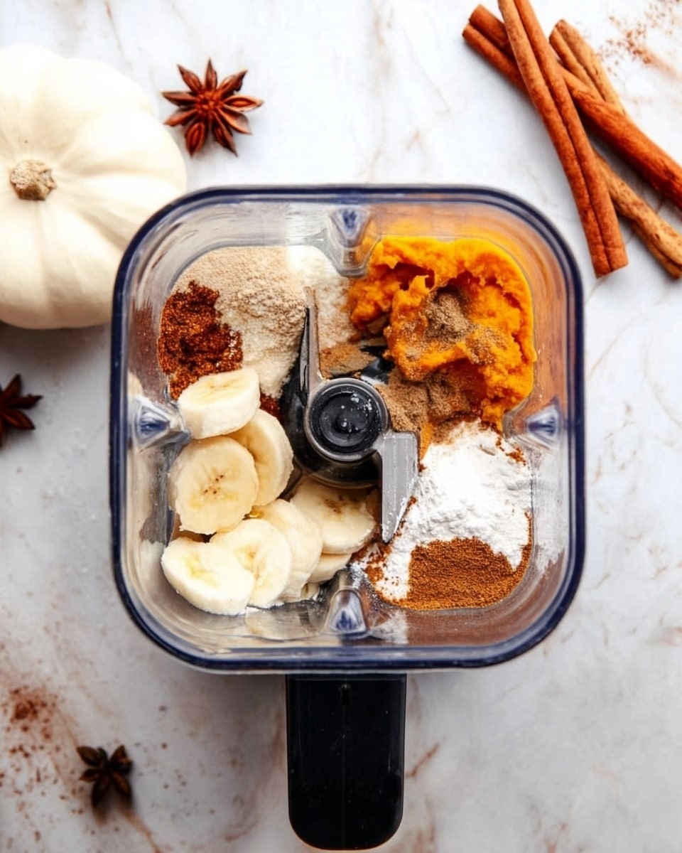 The image shows a blender from above with several layers inside: sliced bananas at the bottom, bright orange pumpkin puree on the left, white powder (likely sugar or flour) near the front, and brown spices sprinkled on top, including cinnamon and possibly nutmeg. The blender blade is in the center, partially covered with the ingredients. Around the blender, there is a white pumpkin on the left, a star anise on the top left, and cinnamon sticks on the top right, all set on a white marbled surface. photo taken with an iphone --ar 4:5 --v 7