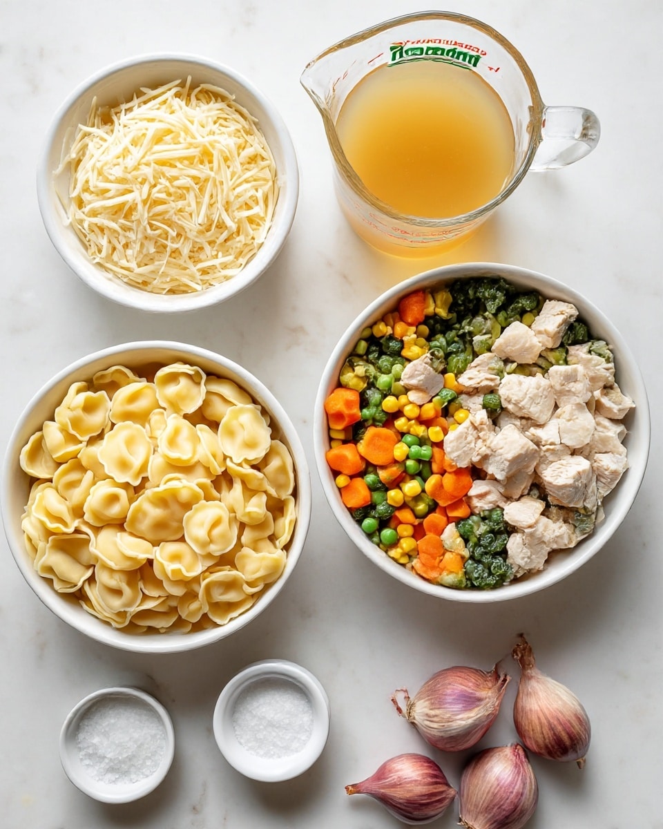 The image shows six white bowls and one clear measuring cup on a white marbled surface, each filled with different ingredients. Starting from the bottom left, there is a bowl full of pale yellow tortellini arranged in a loose heap with a smooth texture. Above it, a smaller bowl contains shredded pale ivory cheese with soft, thin strands filling the bowl. To the right, a bigger bowl is filled with cooked chicken pieces cut into small cubes, showing a light beige color with some seasoning flecks. Next to the chicken, another bowl holds mixed frozen vegetables, including bright orange cubes of carrot, dark green beans, yellow corn kernels, and small green peas, giving a colorful contrast. Above the cheese, a clear glass measuring cup is filled with light golden broth with a liquid, smooth texture. To the bottom left of the cheese, a small white ramekin contains coarse sea salt with a fine grain texture. At the bottom right, a small white plate holds two purple shallots with papery skins. The composition is clean and bright, with a clear focus on the fresh ingredients. photo taken with an iphone --ar 4:5 --v 7