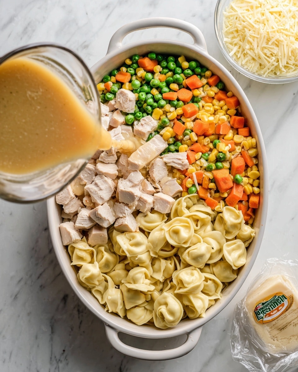 In a white oval dish with handles, the bottom layer shows uncooked tortellini, pale yellow and round with folded edges, filling about one-third of the dish. On top of and next to the pasta, there is a layer of diced cooked chicken pieces, light beige and cubed, covering another third. The final third has a mixed layer of frozen vegetables including orange carrot cubes, yellow corn, green peas, and green beans. A clear glass measuring cup is pouring light brown broth over the ingredients. The dish is placed on a white marbled surface, with a bowl of shredded white cheese and a wrapped container of Risin cheese nearby. Photo taken with an iphone --ar 4:5 --v 7