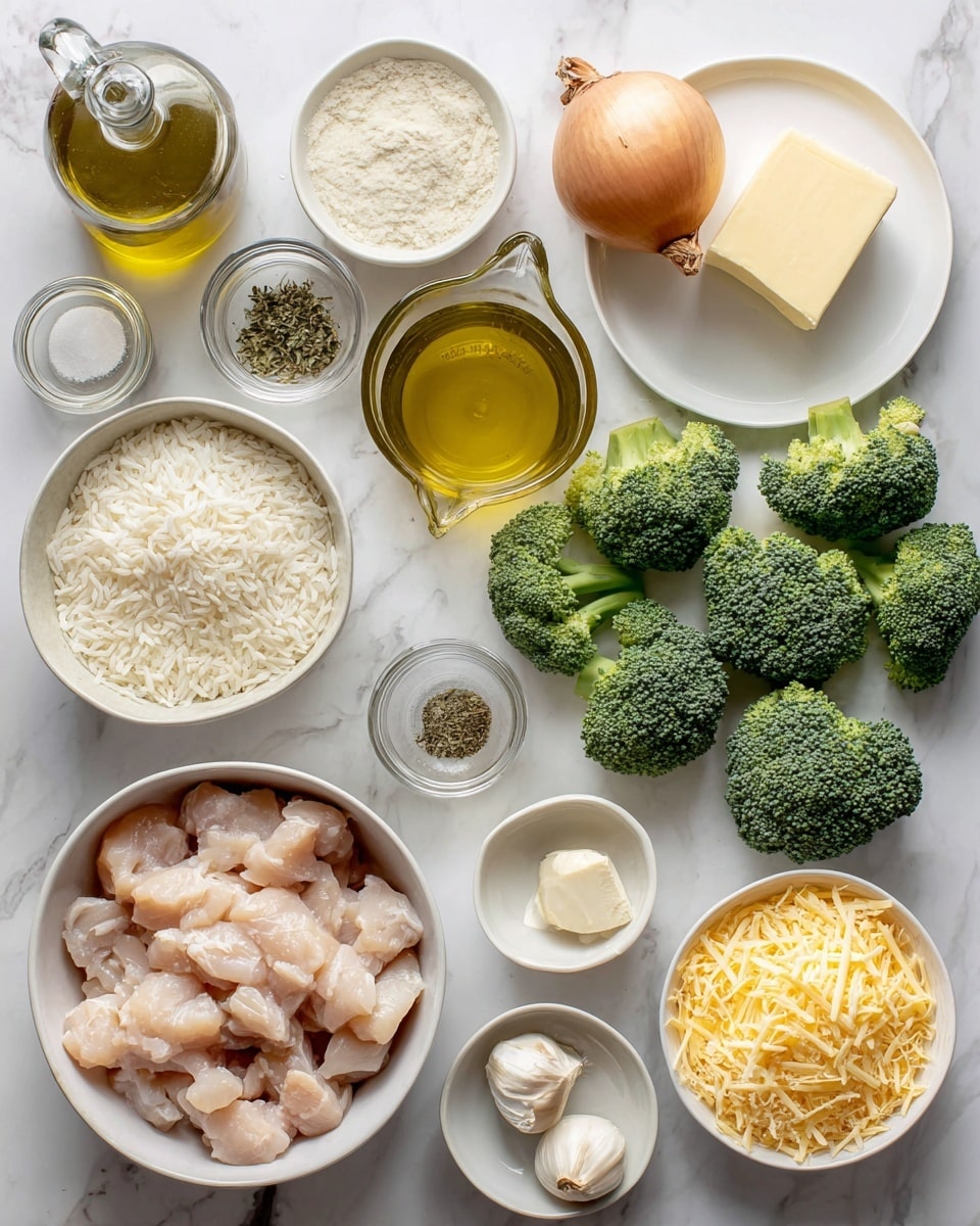 The image shows several ingredients arranged neatly on a white marbled surface. There is a large white bowl filled with small chunks of raw chicken in the bottom left, next to a smaller white bowl of white rice above it. To the right, there are three full heads of broccoli along with a few smaller broccoli pieces scattered around. Above the broccoli, a whole brown onion is placed next to a white plate that holds a square piece of butter. Near the top center, a clear glass measuring cup contains a clear golden broth. To its left, there is a bottle of olive oil and three glass jars labeled thyme, onion powder, and garlic powder. Near the center, there are small white bowls with salt, pepper, and cream cheese with two garlic cloves on the top right side. A larger white bowl on the right side is filled with shredded yellow cheese. The items are all spaced evenly and the photo taken with an iphone --ar 4:5 --v 7