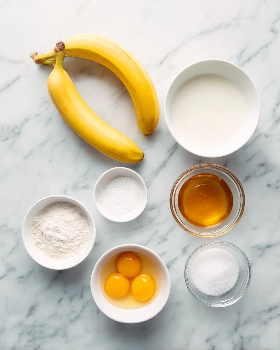 The image shows six ingredients placed on a white marbled surface. At the top left, there are two yellow bananas with smooth skin. Below the bananas, there are five small white bowls; the top left bowl contains white powdery flour, the bottom left bowl has two raw egg yolks, and next to it on the right is a small clear bowl filled with golden honey. Above the honey, there is a white bowl filled with milk, and to the right of the milk bowl, there is a small clear bowl holding granulated white sugar. The arrangement is neat and evenly spaced. photo taken with an iphone --ar 4:5 --v 7