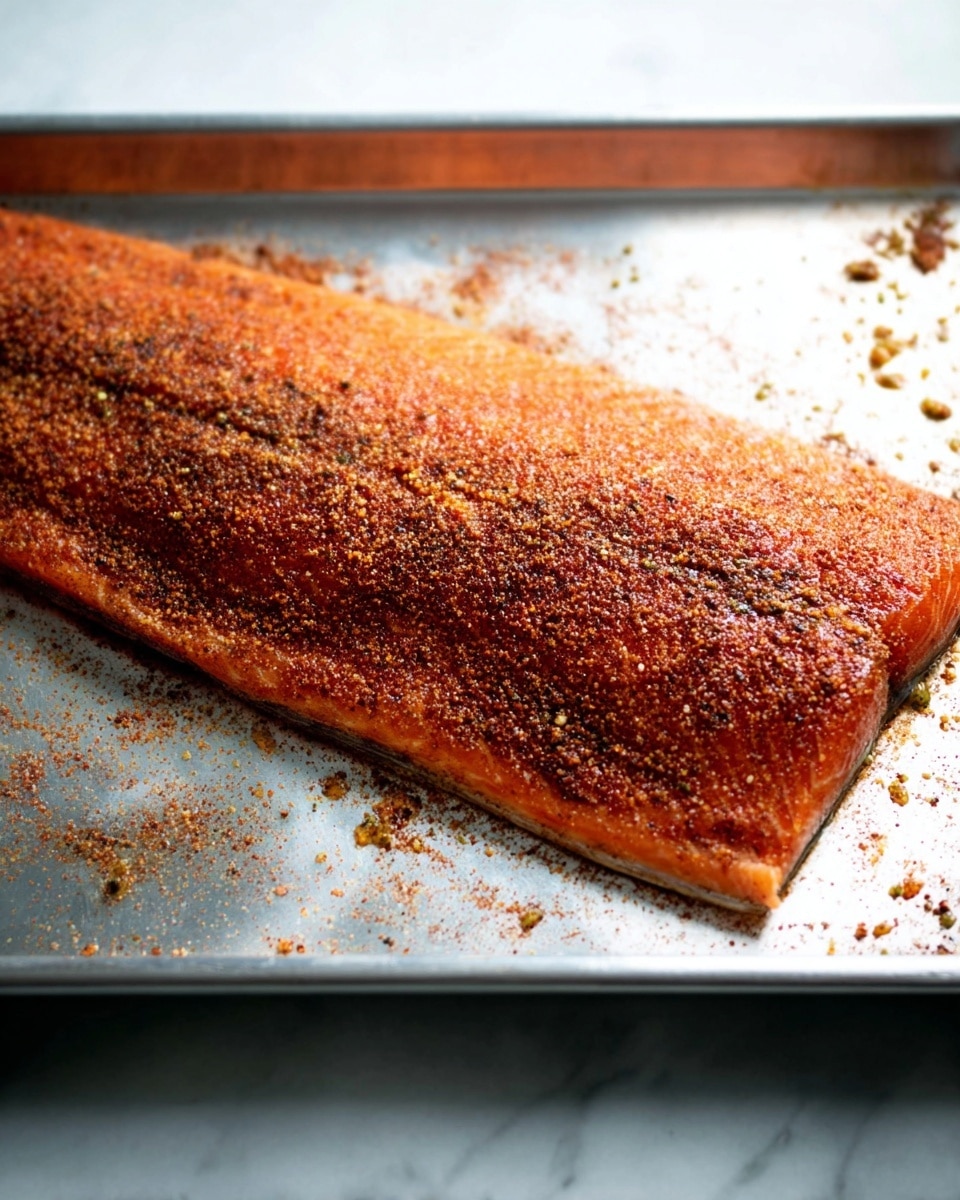 A large raw salmon fillet lies flat on a silver metal tray, covered evenly with a reddish-brown spice rub. The spice layer looks slightly coarse and granular, coating the entire surface of the salmon. The tray shows some small spice crumbs scattered around the salmon, and the background surface is a white marbled texture. The image has bright, natural lighting highlighting the moist and textured fish skin. Photo taken with an iphone --ar 4:5 --v 7