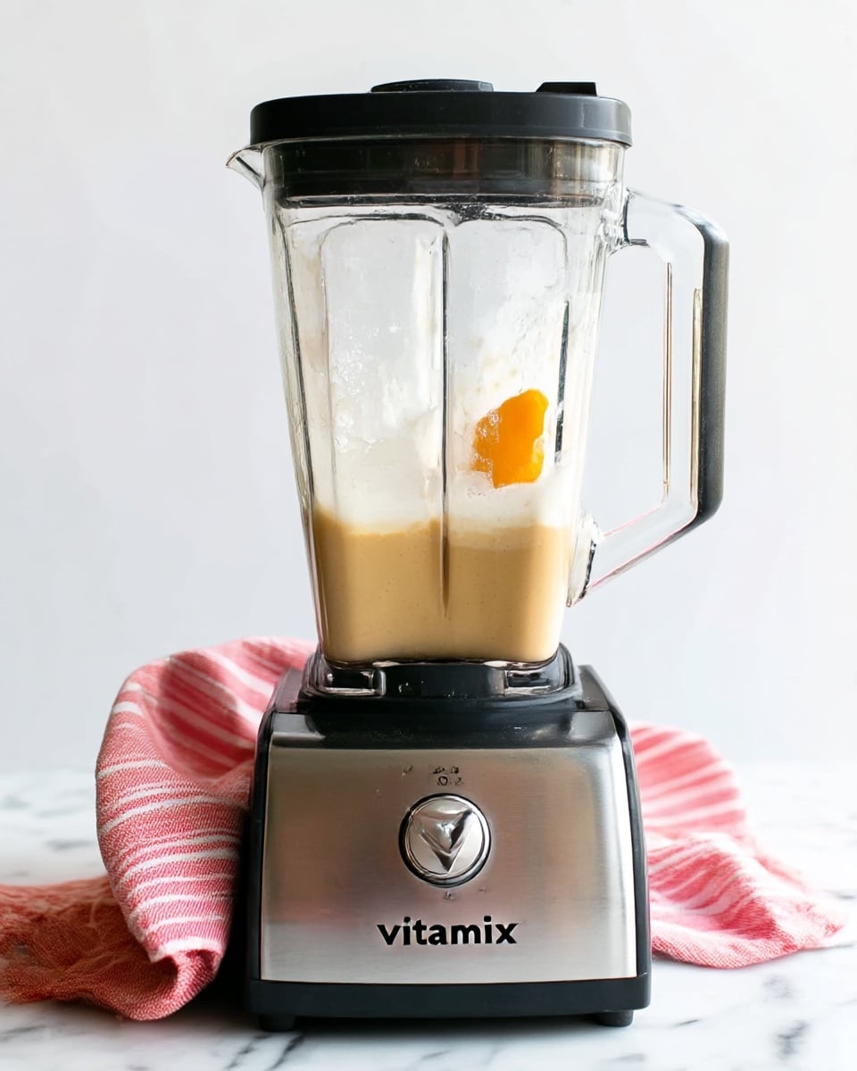 A clear blender jar filled with a mix of beige liquid and white creamy layers, with a small bright orange piece floating near the top right side inside. The jar is set on a black and stainless steel blender base showing the Vitamix logo on the front. The blender is sitting on a white marbled surface with a pink and white striped cloth partially visible behind it. The background is plain and bright, highlighting the blender clearly. photo taken with an iphone --ar 4:5 --v 7