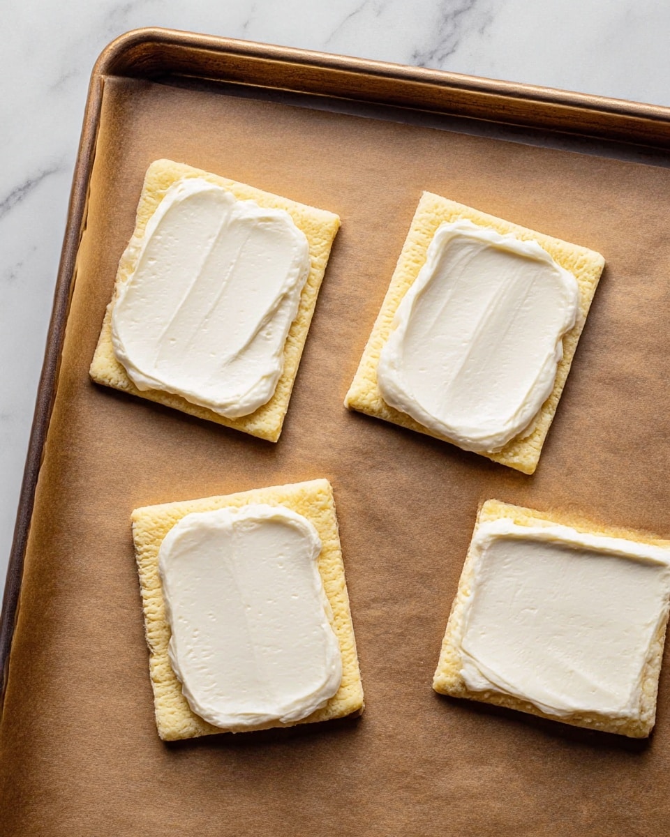 Four uncooked square pastries lie on brown parchment paper over a baking tray. Each pastry is pale yellow with a slightly rough texture and has a thick, even layer of smooth white cream spread over the center, leaving a small border around the edges. The pastries are positioned with some space between them, and the baking tray sits on a white marbled surface. The scene is simple and clean, showing the preparation stage before baking. photo taken with an iphone --ar 4:5 --v 7