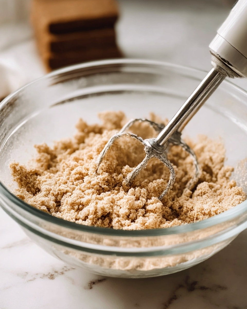 A clear glass bowl holds a crumbly, light brown mixture with uneven small clumps and coarse texture. Inside the bowl, a metallic hand mixer with two beaters is partly pressed into the mix, showing some motion. The bowl sits on a white marbled surface, and in the background, there is a blurred stack of rectangular brown items. The overall lighting is soft and natural, highlighting the texture of the mixture. photo taken with an iphone --ar 4:5 --v 7