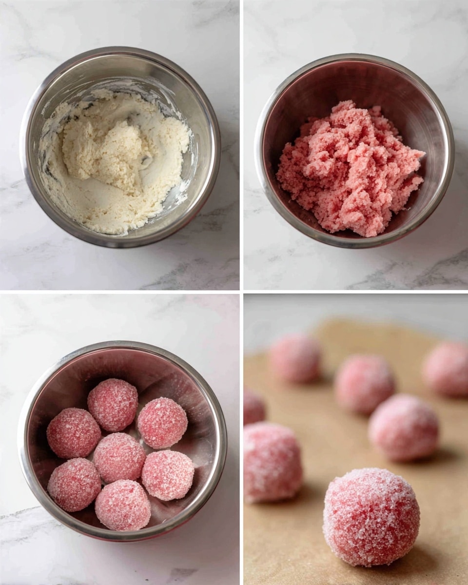 The image shows four steps of making dough and shaping it into balls. The first two pictures show a white dough mixture inside a silver metal bowl placed on a white marbled surface; the dough looks soft and thick with a creamy texture. The third picture shows a pink dough with a crumbly texture inside the same silver metal bowl on the white marbled surface. The fourth picture shows several round pink dough balls coated with granulated sugar, neatly placed on a sheet of brown parchment paper on the same white marbled surface, with some balls blurred in the background and one ball in clear focus at the front. Photo taken with an iphone --ar 4:5 --v 7