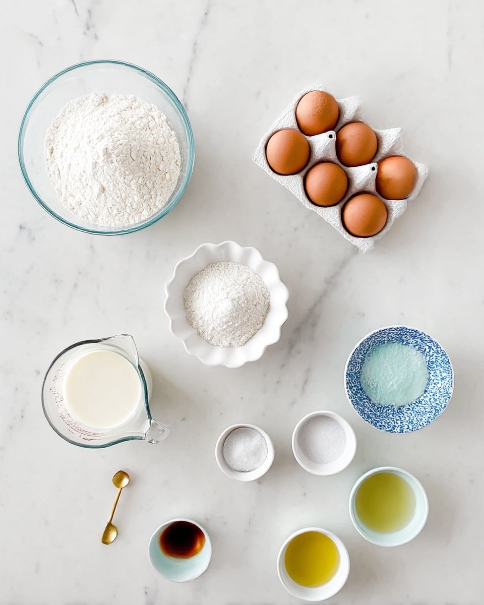 An overhead view shows ingredients for baking neatly arranged on a white marbled surface. At the top left is a clear glass bowl filled with white flour, next to a white egg carton holding four brown eggs on the right. In the center is a small white scalloped bowl with baking powder. Below it, a clear measuring cup contains milk. To the left of the cup is a small white bowl with a tiny gold spoon, filled with salt. On the right side, there is a blue and white patterned bowl full of white sugar, a small white bowl of vanilla extract above it, and two more small white bowls below with light green and yellow liquids, likely lemon juice and oil. The setup is clean and bright. photo taken with an iphone --ar 4:5 --v 7