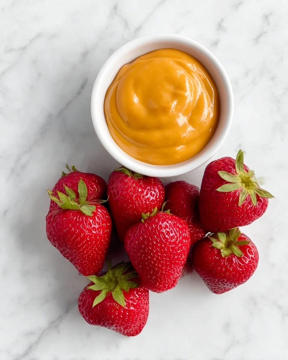 A small white bowl filled with a smooth, thick, bright orange sauce sits on a white marbled surface. Below the bowl, there is a cluster of eight fresh strawberries with bright red skin and green leafy tops, arranged in a slightly loose pile. The strawberries have shiny, slightly bumpy textures and vary slightly in size, creating a colorful and fresh contrast with the orange sauce and white background. photo taken with an iphone --ar 4:5 --v 7