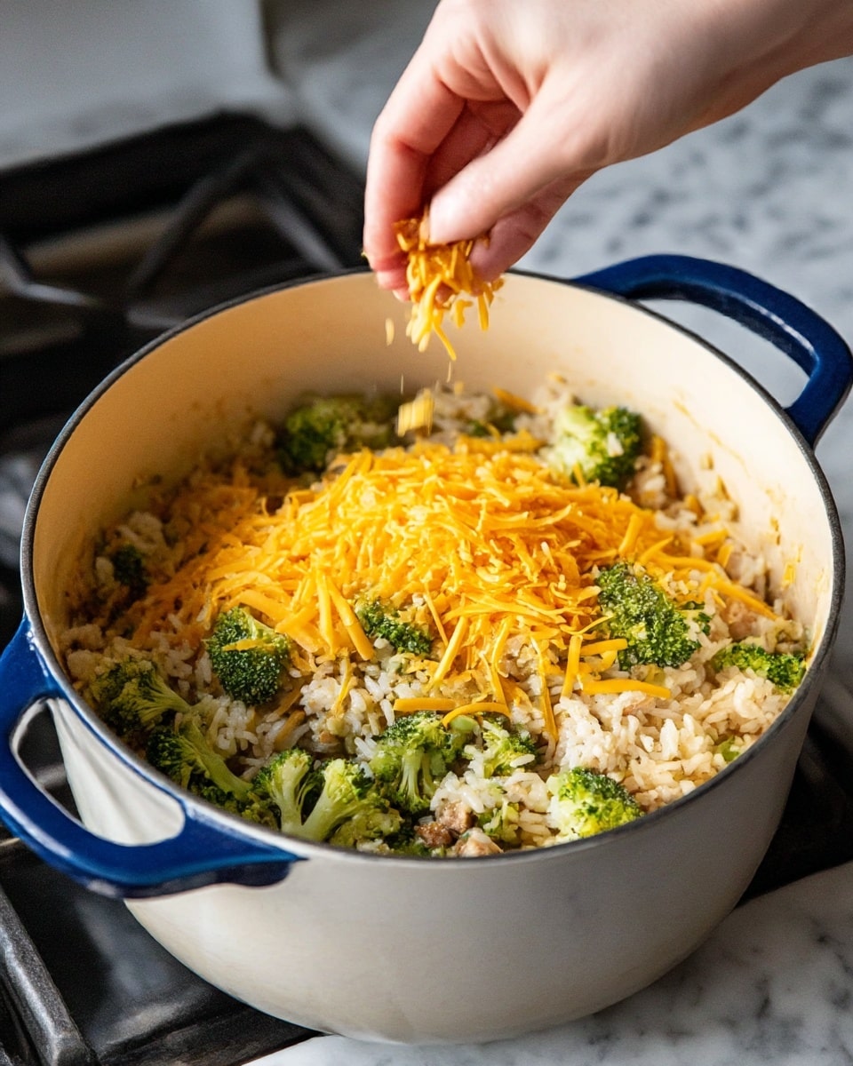 A white pot with blue handles sits on a stove with food inside. The dish has three main layers: at the bottom is a mix of green broccoli pieces, white rice, and small bits of light brown meat, all mixed together. On top, there is a layer of shredded orange cheddar cheese being sprinkled by a woman's hand from above. The background is a white marbled surface, and the scene is well-lit, showing textures of the rice, cheese, and broccoli clearly. Photo taken with an iphone --ar 4:5 --v 7