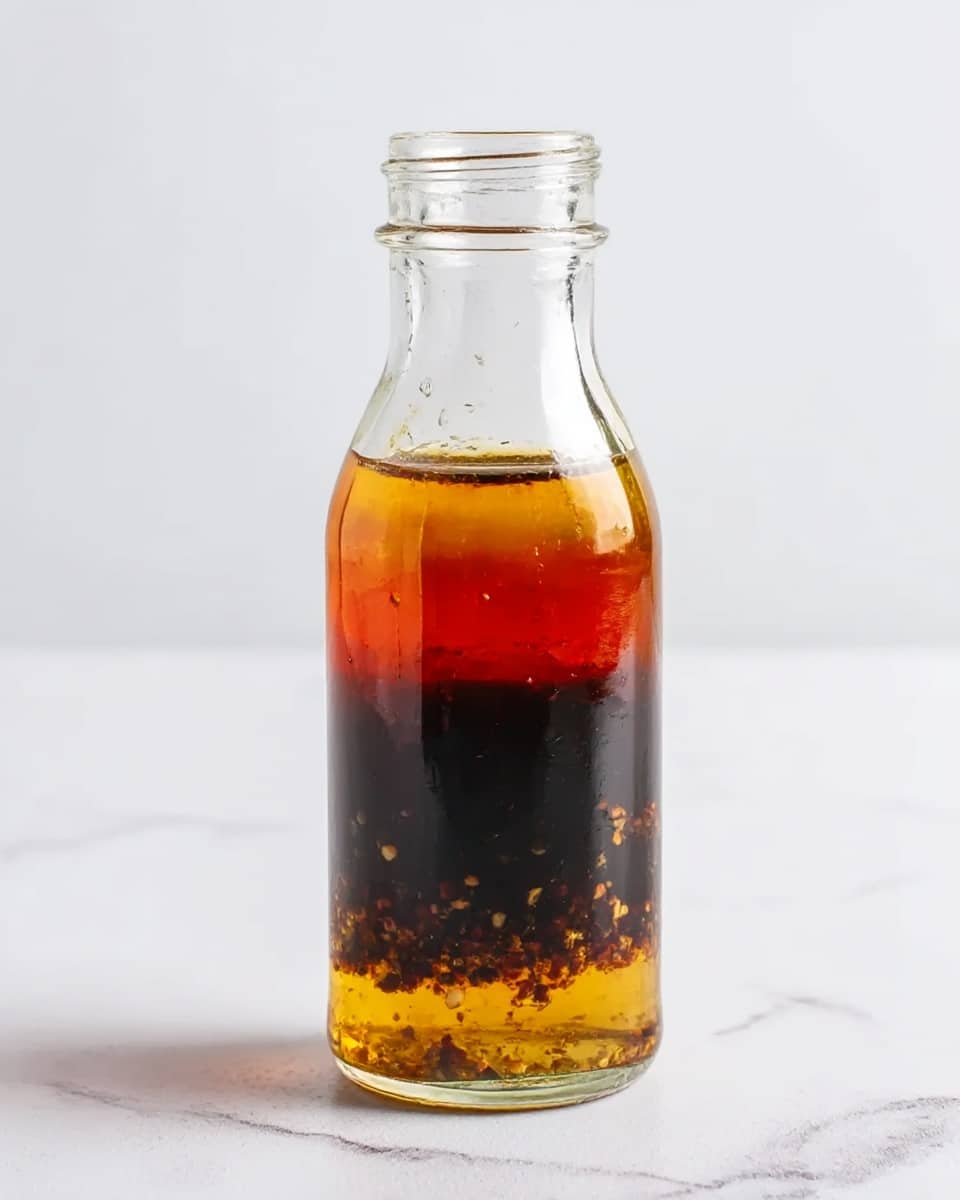 A clear glass bottle with a narrow neck and no cap, filled with three distinct layers of liquid. The bottom layer is a dark brown liquid with small bits floating inside, creating a textured look. The middle layer is a bright red liquid, sitting evenly above the dark layer. The top layer is a clear golden yellow liquid. The bottle is placed on a white marbled surface with a plain white background. Photo taken with an iphone --ar 4:5 --v 7