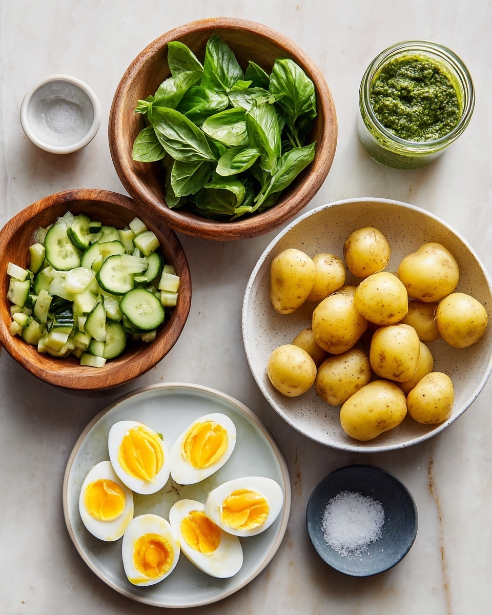 The image shows several bowls and a small jar placed on a white marbled surface. On the far right, a white bowl is filled with halved small yellow potatoes, showing a smooth inside and a rough outer skin. Below that, a small dark gray bowl contains coarse salt. In the center bottom, a white plate holds hard-boiled eggs cut into halves, with bright yellow yolks and white edges. To the left of the eggs, a wooden bowl contains chopped green cucumbers with light green flesh and dark green skin. Above the eggs, a wooden bowl holds fresh green basil leaves, rich in color and slightly curled. Next to the basil, a small glass jar is filled with green pesto sauce, textured with visible herbs and oil. A small empty white bowl sits next to the jar, completing the arrangement. The background is a light white marbled texture. Photo taken with an iphone --ar 4:5 --v 7
