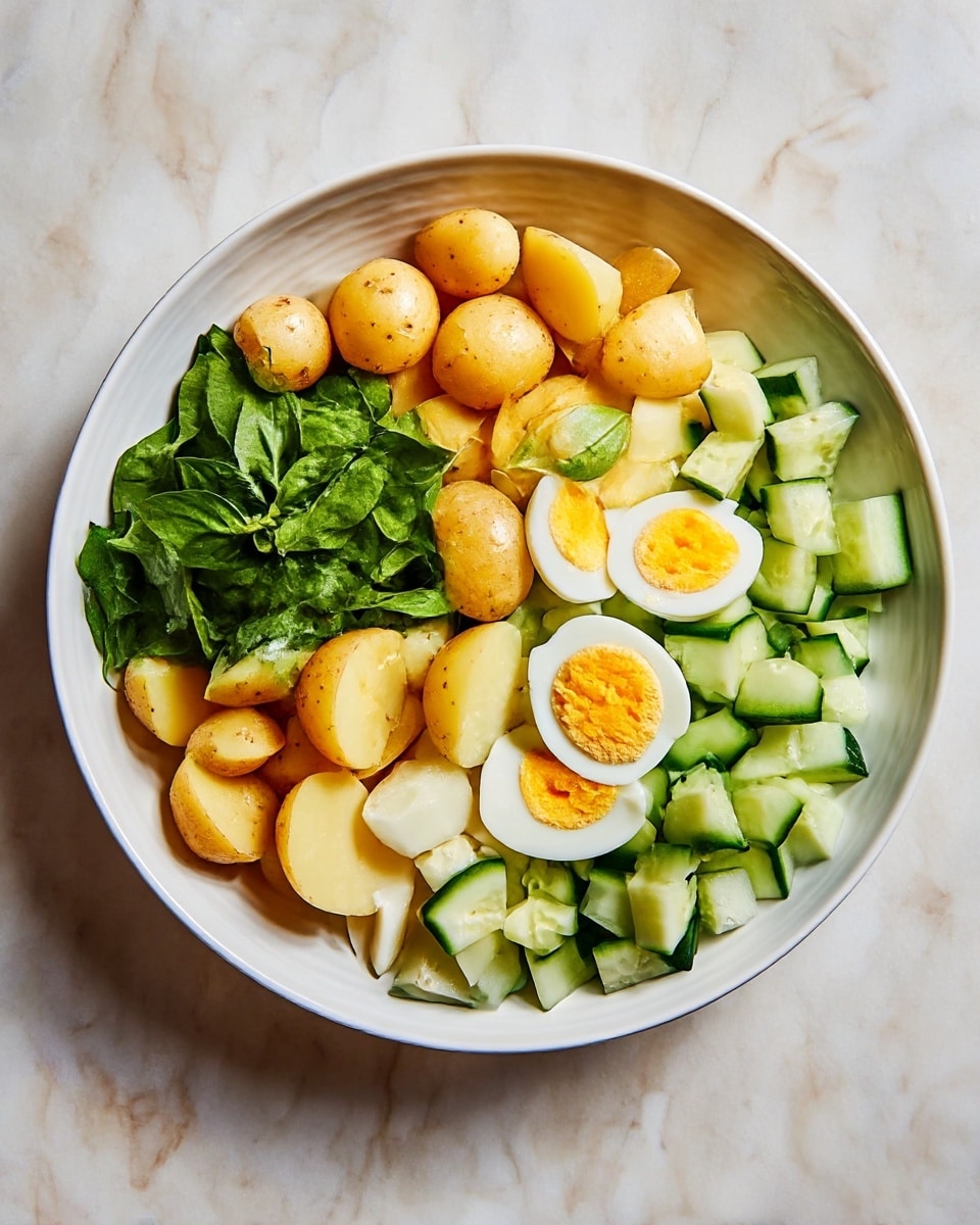 A white bowl holds a colorful salad arranged in separate sections inside it. One side has small golden baby potatoes, halved, showing smooth, shiny skin and soft yellow inside. Next to the potatoes is a heap of dark green fresh basil leaves with a smooth texture. On the opposite side, pale green diced cucumber pieces with a bumpy skin texture are placed neatly. Finally, quartered hard-boiled eggs show firm whites and bright yellow yolks. The bowl sits on a white marbled surface. photo taken with an iphone --ar 4:5 --v 7