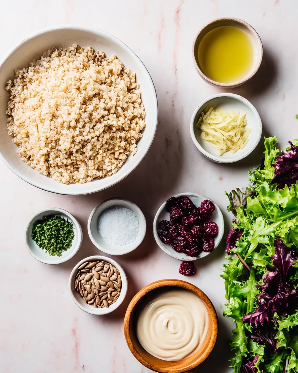 The image shows several small white bowls and one small wooden bowl placed on a white marbled surface. The large white bowl on the left is full of light brown cooked grains. From left to right, in smaller bowls, there are thin light yellow strips, white salt, chopped green herbs, beige sunflower seeds, dark red dried cranberries, and a pale yellow liquid. The small wooden bowl contains a swirl of creamy white sauce. Fresh green and purple leafy salad is spread on the right side of the arrangement. Photo taken with an iphone --ar 4:5 --v 7