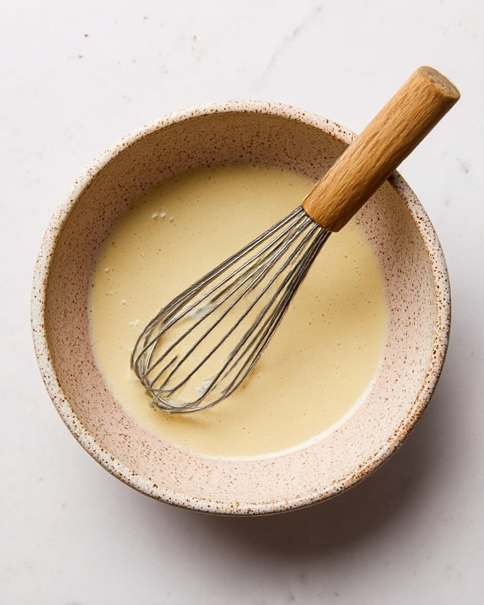 A round speckled bowl with light beige and brown spots holds a pale yellow liquid batter with a smooth texture. A metal whisk with a wooden handle rests inside the bowl, partially dipped in the batter. The bowl is set on a white marbled surface, giving a clean and bright look. photo taken with an iphone --ar 4:5 --v 7