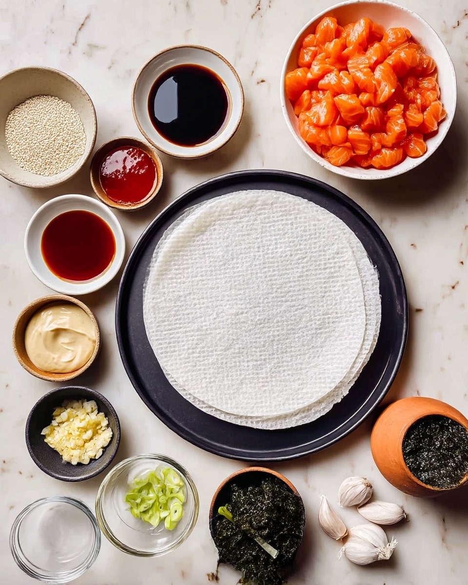In the center is a round black tray holding a stack of white, thin rice paper sheets with a slight grid texture. Around the tray are several small bowls and dishes on a white marbled surface. On the top right, a white bowl is filled with bright orange, chunky salmon pieces. To its left, there are three small bowls with different sauces: one with dark soy sauce, one with shiny red chili sauce, and one with creamy beige mayonnaise. On the left of the tray, a black bowl contains white sesame seeds, and below it, a white bowl holds a reddish-brown liquid sauce. Below that, a white bowl contains pale yellow minced garlic, and a small wooden bowl near the bottom left has sliced green onions. To the right bottom, a clear glass cup is filled with dark green seaweed sheets. On the bottom right, a small black dish holds two peeled garlic cloves, and a tiny terracotta bowl contains white powder near a small bowl with light yellow liquid. photo taken with an iphone --ar 4:5 --v 7