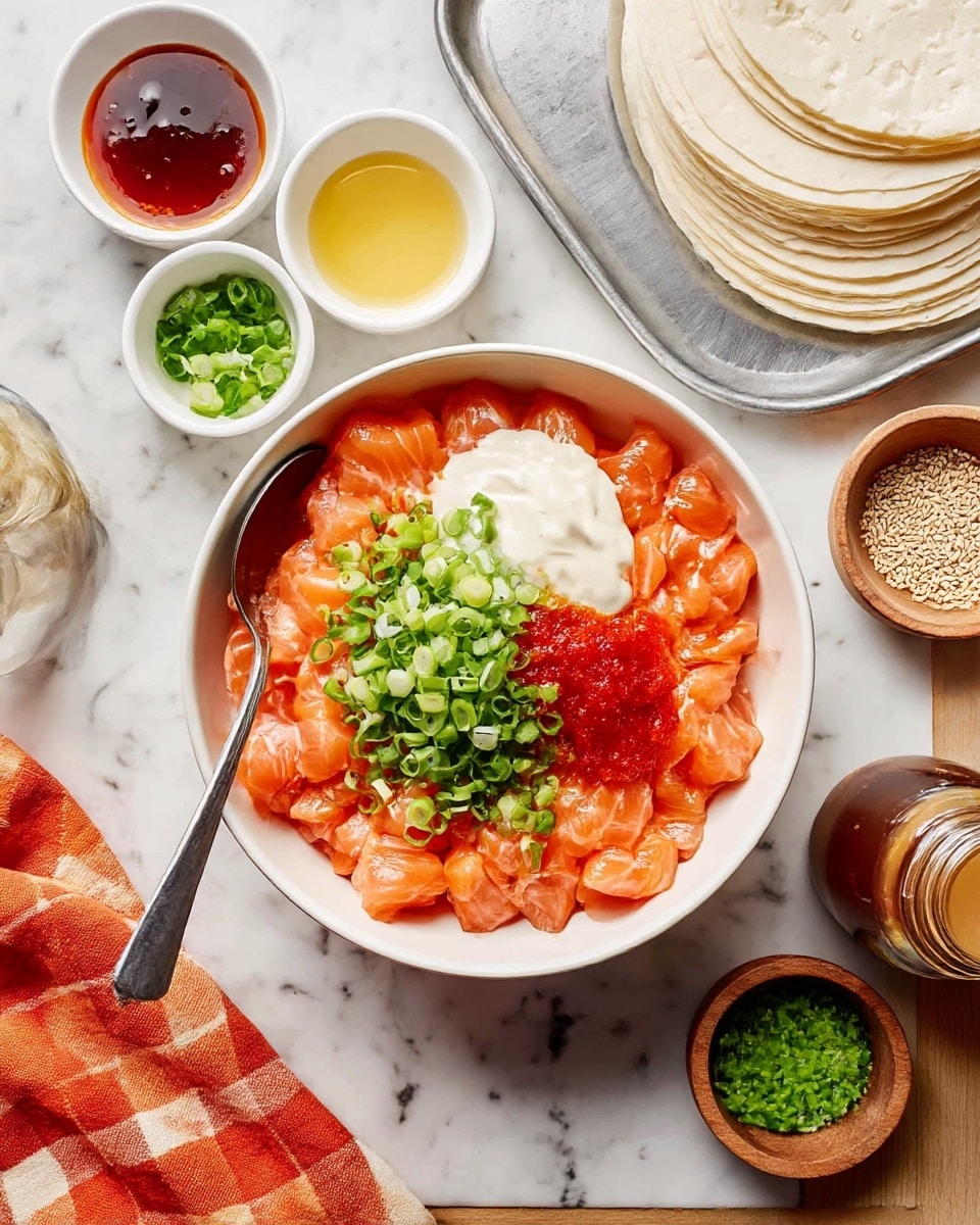 The image shows a white bowl filled with small pieces of bright orange raw salmon, topped with a thick white sauce dollop, a red sauce dollop, and a pile of chopped green onions in the center. A metal spoon rests partially inside the bowl on the left side. Around the bowl on a white marbled surface are small white and wooden bowls containing green onions, red sauce, and light yellow liquid, along with a small pile of sesame seeds, a brown jar with a swirl of thick light-colored sauce, and a stack of round white rice papers on a metal tray. There is also a folded orange and white checkered cloth near the bottom left corner. photo taken with an iphone --ar 4:5 --v 7