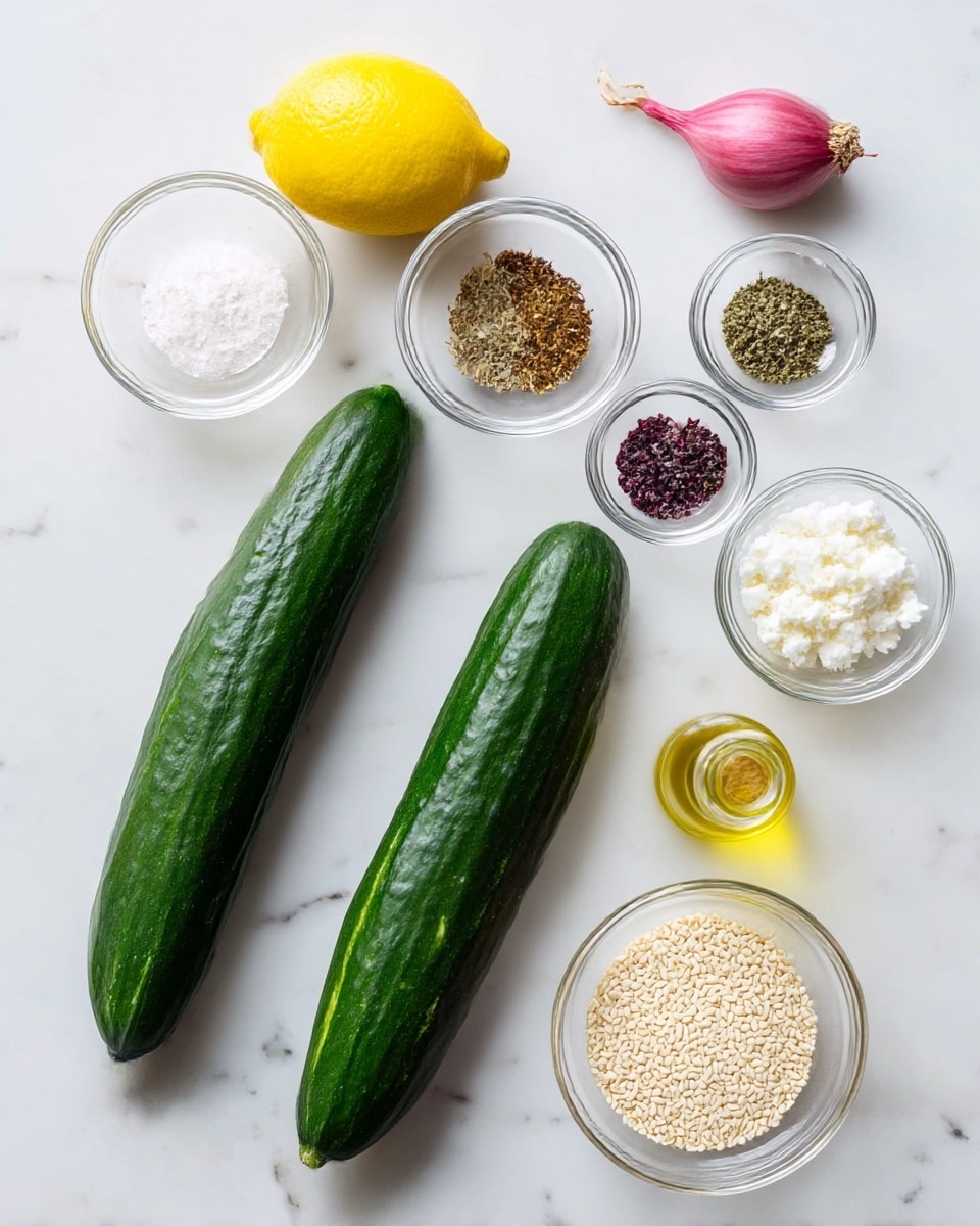 Two long, dark green cucumbers lay side by side on a white marbled surface, with a bright yellow lemon and a single small pink shallot above them. To the right, there are five clear glass bowls arranged in two rows: the top row shows three bowls, one with a mix of dried spices in brown, purple, and green colors, another with white crumbled cheese, and the last with white salt. Below these, two bowls hold pale beige sesame seeds and clear golden oil in a small glass bottle with a dropper top. The clean layout highlights each ingredient clearly, all placed on the white marbled surface photo taken with an iphone --ar 4:5 --v 7