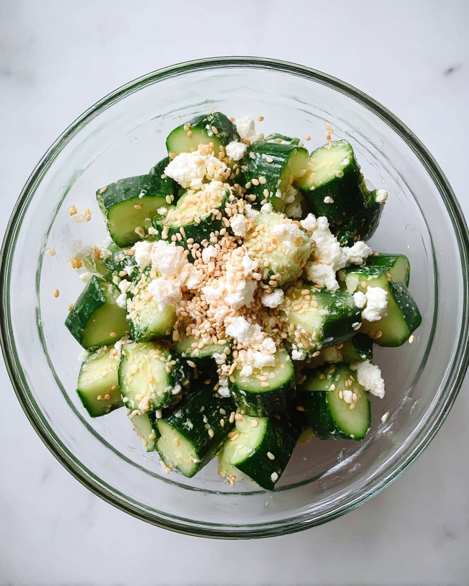 A glass bowl filled with a mix of cucumber pieces showing their dark green skin and pale green inside, topped with small white crumbles of cheese and scattered light tan sesame seeds, all set on a white marbled surface photo taken with an iphone --ar 4:5 --v 7