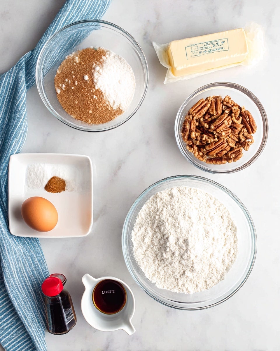 The image shows various baking ingredients neatly arranged on a white marbled surface. At the bottom center, there is a large clear glass bowl filled with white flour. Above it, slightly to the right, is a smaller clear glass bowl containing brown and white sugar mixed together. To the right of this bowl, there is a small clear glass bowl filled with pecans. Above the pecans is an unopened stick of butter wrapped in light yellow paper. To the left side, there is a small white square dish with a mix of white powder and brown spices. Next to this dish is a single brown egg, and nearby is a small white cup labeled