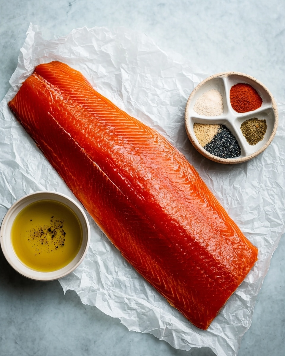 A large, shiny, orange-red salmon fillet lies flat on crinkled white parchment paper on a white marbled surface. Below the fillet, there are two small round white bowls: one bowl is divided into five sections filled with different spices and seasoning powders in black, white, beige, and light brown shades, while the other bowl contains golden olive oil with visible black specks. The whole setup is bright and clean with a clear focus on the fresh fish and the seasoning ingredients, photo taken with an iphone --ar 4:5 --v 7