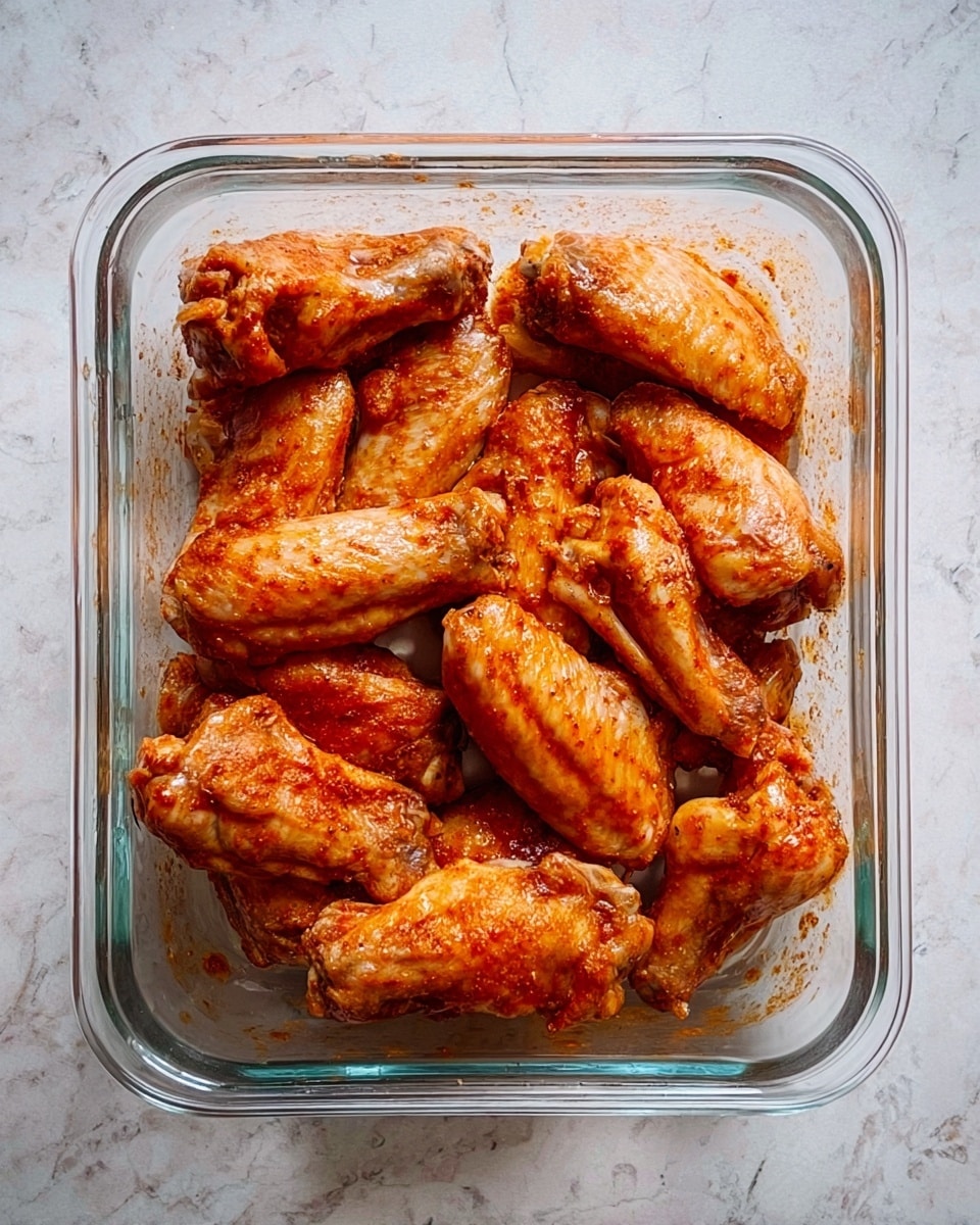A clear glass rectangular dish holds ten raw chicken wings spread out evenly, each wing coated with a reddish-brown spice mix that gives a slightly rough texture. The wings have a shiny surface from the seasoning, and the dish sits on a white marbled surface. No other items or colors are visible in the scene. photo taken with an iphone --ar 4:5 --v 7