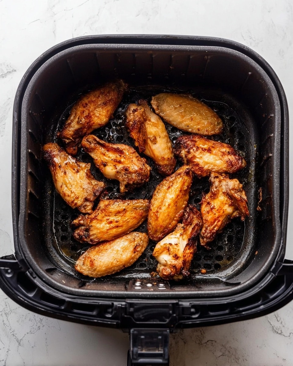 The image shows ten cooked chicken wings inside a black air fryer basket. The wings are golden brown with a slightly crispy texture, some darker spots indicating well-cooked edges. They are arranged loosely, covering most of the basket's perforated bottom, with small oil droplets around them. The air fryer basket has a grid pattern and a smooth, black interior. The background has a white marbled texture visible around the air fryer. Photo taken with an iphone --ar 4:5 --v 7